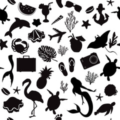 Summer vector illustration black silhouette mermaid, flamingo, palm leaves, camera on a white background seamless pattern - 767090728