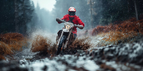 man racer motorcyclist on a sport enduro motorcycle riding in race in on dirty mud forest road in nature
