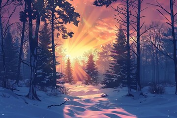 Gradient evening sky with sun rays filtering through winter forest, digital illustration - obrazy, fototapety, plakaty