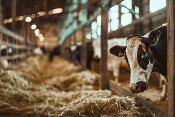 Healthy dairy cows stand in a row of stables, feeding on fodder in a cattle farm barn - obrazy, fototapety, plakaty