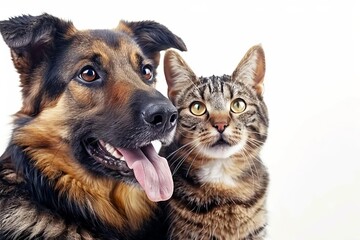 Happy dog and cat portrait, amazing pet friendship, cute animal buddies isolated on white, digital photography