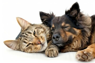 Happy dog and cat portrait, amazing pet friendship, cute animal buddies isolated on white, digital photography