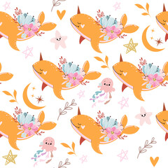 Trend whale, narwhal and flowers seamless pattern. Doodle boho style. Design for kids. Vector illustration - 767091555