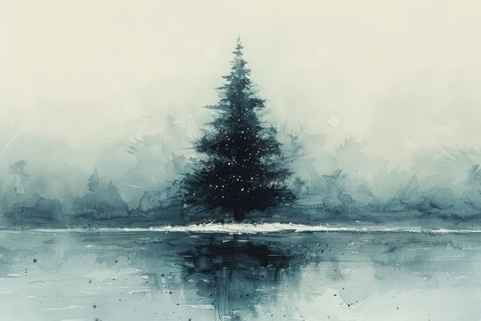Christmas tree watercolor illustration on white background in black and white