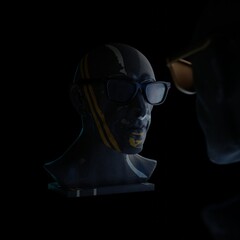 Virtual reality glasses on the head of the sculpture, trends and creativity, 3d render.