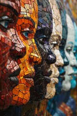 Close-up of a mosaic featuring faces of different ethnicities and races set in a clean