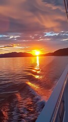 Midnight sun seen from a cruise ship in the sea - obrazy, fototapety, plakaty