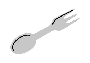 Hand drawn cute cartoon illustration of camping fork and spoon flatware. Flat vector outdoor multifunctional cutlery sticker in doodle style. Tourism survival utensil icon. Adventure, hiking. Isolated