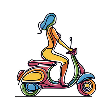 recommend clip art: Pretty woman riding a motorbike, colorful line art drawing on white background