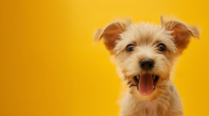 **A cute and happy puppy with a big smile on its face.** The puppy is looking straight at the camera and seems to be very excited.