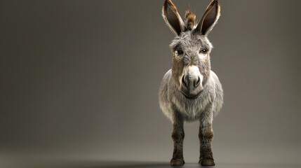 A cute donkey standing on a brown background looking at the camera with a curious expression on its face.