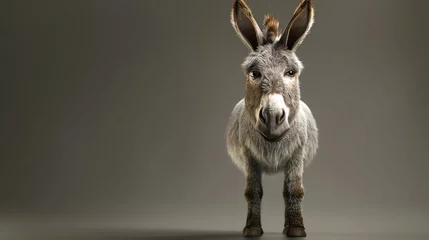 Tuinposter A cute donkey standing on a brown background looking at the camera with a curious expression on its face. © Creative