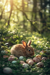 easter bunny in the woods with easter eggs, spring vibes, atmospheric, relaxed, green 