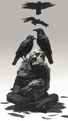 Fototapeta premium Human Skull with Crows: A Stark Depiction