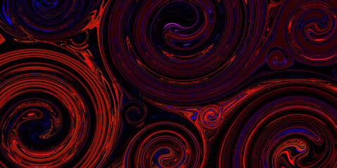 Fototapeta na wymiar Dark neon light blue red Turquoise wavy line on black background. Abstract liquid circle. Art trippy glitch backdrop. Creative flyer. Card. Wallpaper. Swirl glitch texture. Metaverse spiral. Space.