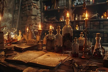 Alchemist Guilds laboratory, ancient scrolls and bubbling potions, dim light,  - obrazy, fototapety, plakaty