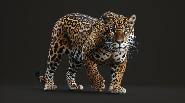 A powerful jaguar stalks through the darkness, its sleek coat and piercing eyes scanning the surroundings for any sign of prey.
