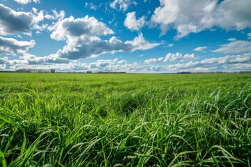 Lush Green Grass Field Under Blue Sky, Peaceful Rural Landscape Photo