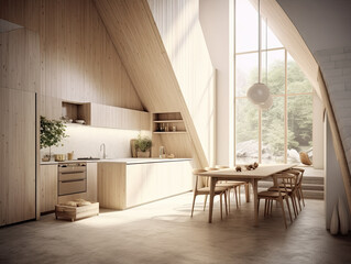 Stylish kitchen interior room with dining table and cooking space zone. Generative AI.