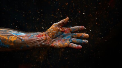 Fototapeta premium Hands decorated with colorful acrylic paints. The hands of an artist with a lot of experience
