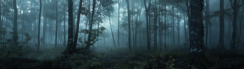 Blightshadow forest, eerie mist, twilight, wide angle, haunting, 