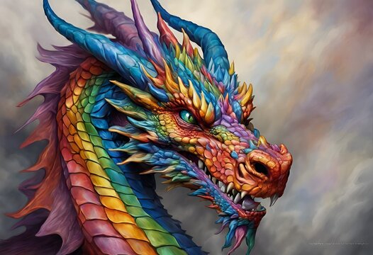 colorful painting on a canvas of a dragon with large blue eyes