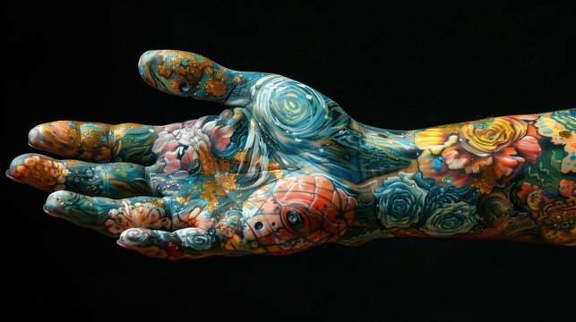Hands decorated with tattoos of turtles and fish. and the atmosphere simulates the image of the earth