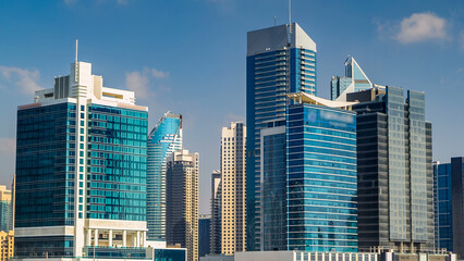 Skyline of Dubai's business bay with skyscrapers at day time timelapse.