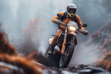 Fotobehang man motorcycle biker racer on sports enduro motorcycle in off-road race rally riding on dirty road in nature © alexkoral