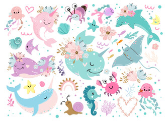 Underwater inhabitants in boho style. Vector illustration. Whale, narwhal, jellyfish, seahorse, starfish and fish
