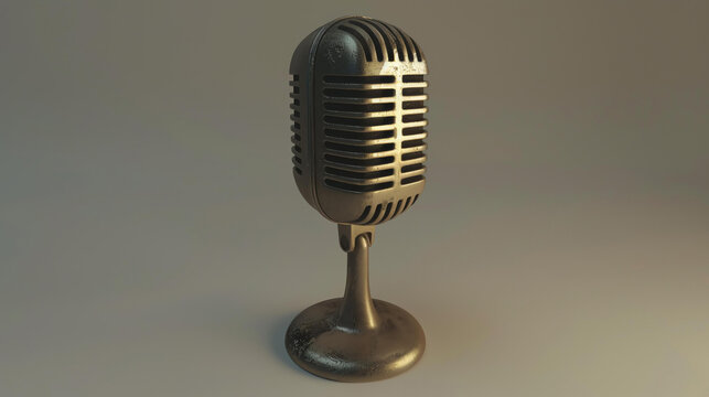 Retro microphone isolated on a beige background. Vintage metal mic. 3D rendering.