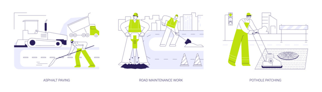 Road maintenance and repair abstract concept vector illustrations.