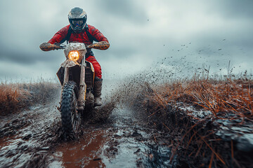 male motorcycle biker racer on sports enduro motorcycle in off-road race rally riding on dirty road in nature - obrazy, fototapety, plakaty
