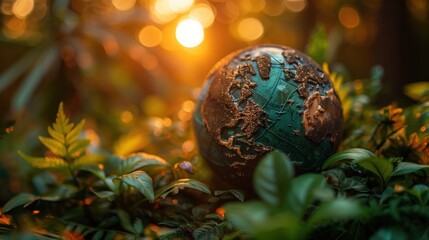 environmental technology concept Sustainable development goals Sustainable environmental conservation. Environment. Earth Day. Miniature globe on the grass with warm sunlight shining on it. - obrazy, fototapety, plakaty