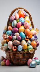 Fototapeta na wymiar Easter basket filled with colorful eggs on white background. Easter concept.