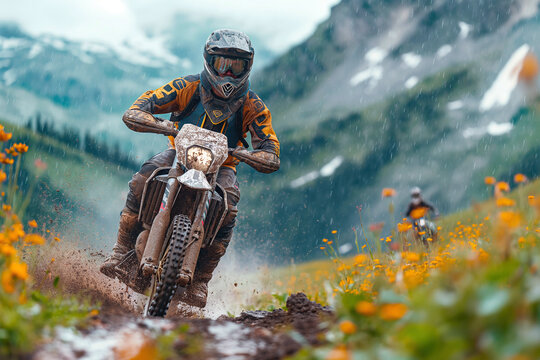 male motorcycle racer in helmet on sports enduro motorcycle in off-road race rally riding on mountain road in nature