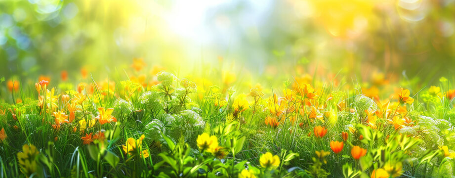 Summer Spring nature background. Multicolored flowers on the Juicy green grass field under a soft morning sunshine.