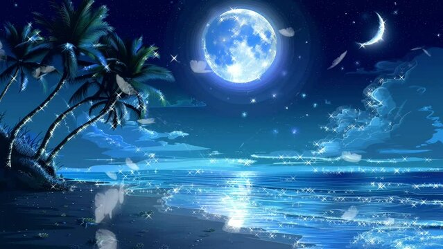 Animation of a beautiful night beach with palm trees and full moon
