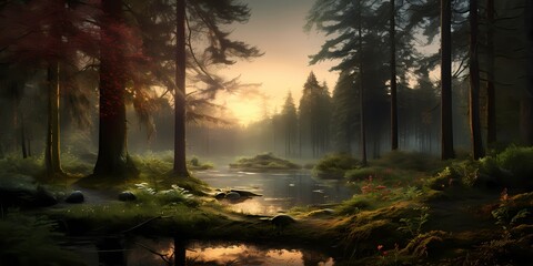 A misty forest clearing bathed in the soft glow of dawn, where gentle greens blend seamlessly into rich burgundy.