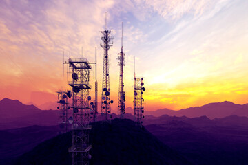 Dramatic Sunset Over Mountain With Telecommunications Towers Silhouetted