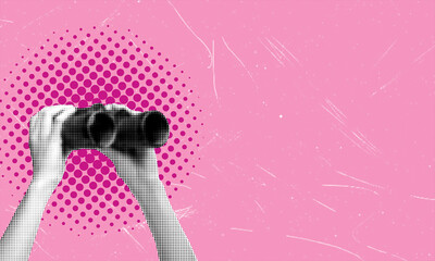 Art collage, hands holding binoculars on pink background with copy space.
