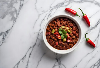 chili con carne in a bowl with chili peppers and cilantro - obrazy, fototapety, plakaty