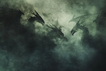 Menacing shadow dragons shrouded in darkness, ominous fantasy digital painting - obrazy, fototapety, plakaty