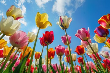 Multicolored tulips against a blue sky
