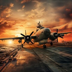 Military airplane on warship board at sunset 