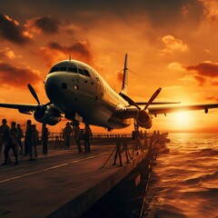 Fototapeta na wymiar Military airplane on warship board at sunset 