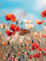 Fototapete Rund Beautiful red poppy flowers and Monarch butterfly in spring in nature outdoors on sunny day. Blooming poppies. © Lubos Chlubny