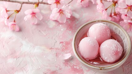 Fototapeta na wymiar Pink mochi ice cream on a ceramic plate with cherry blossoms, presenting a delectable and traditional Japanese sweet treat.