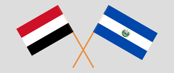 Crossed flags of Yemen and El Salvador. Official colors. Correct proportion