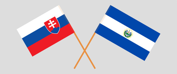 Crossed flags of Slovakia and El Salvador. Official colors. Correct proportion
